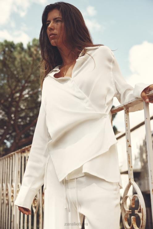 moterys Zara minimalistiniai satino efekto įvyniojami marškiniai ekru apranga 4N488411