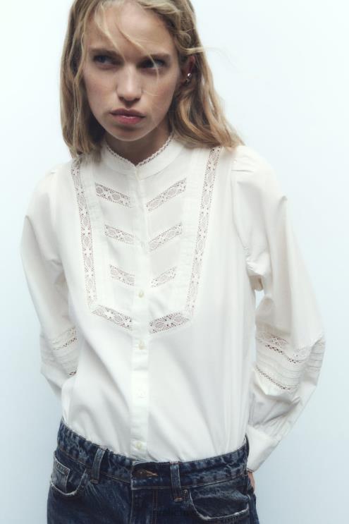 moterys Zara nėriniuotų poplino marškinėliai ekru apranga 4N488405