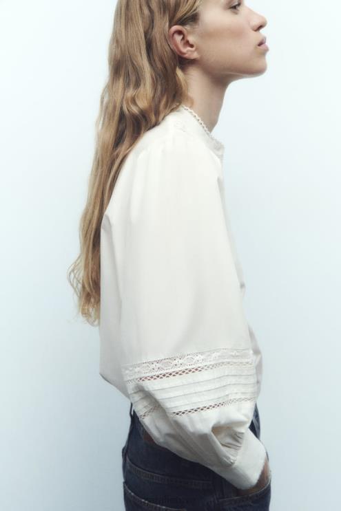 moterys Zara nėriniuotų poplino marškinėliai ekru apranga 4N488405