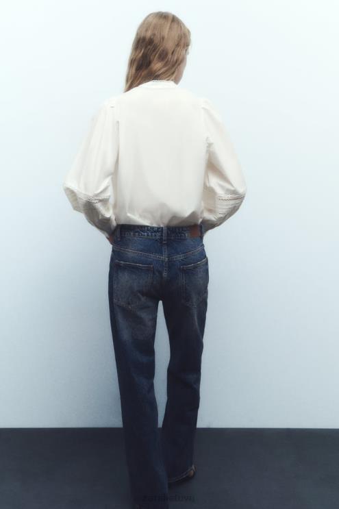 moterys Zara nėriniuotų poplino marškinėliai ekru apranga 4N488405