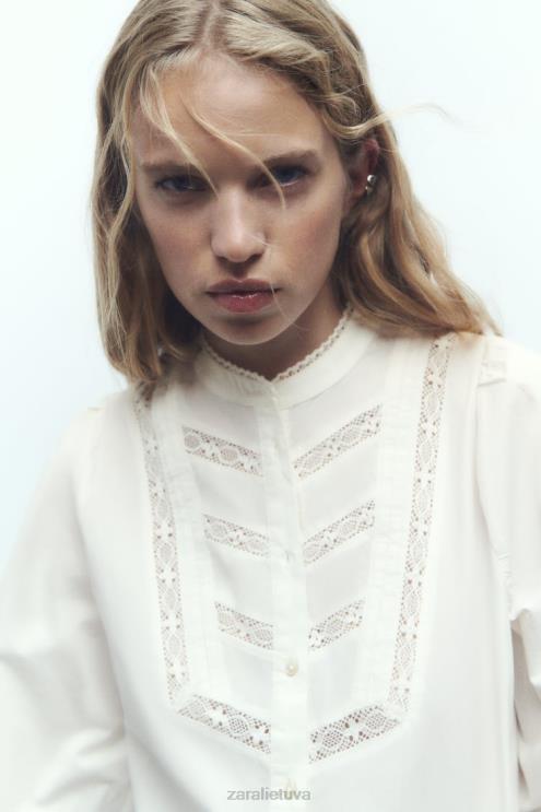 moterys Zara nėriniuotų poplino marškinėliai ekru apranga 4N488405