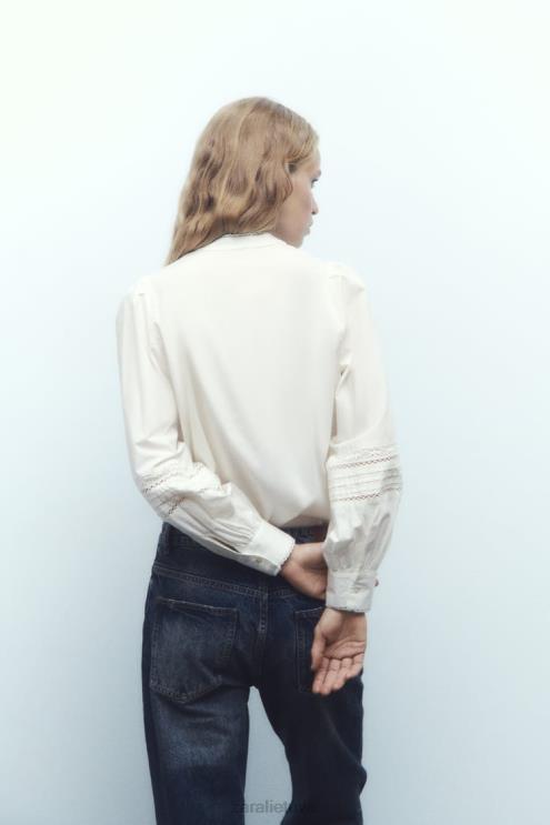 moterys Zara nėriniuotų poplino marškinėliai ekru apranga 4N488405