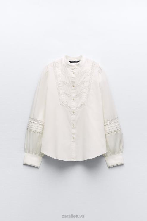 moterys Zara nėriniuotų poplino marškinėliai ekru apranga 4N488405