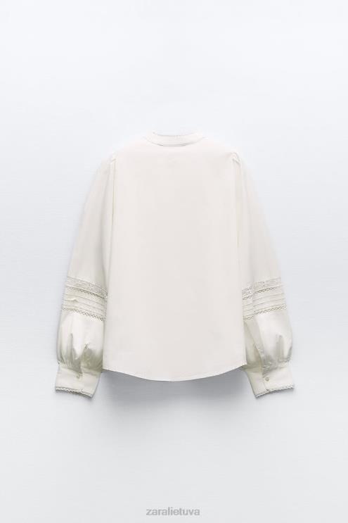 moterys Zara nėriniuotų poplino marškinėliai ekru apranga 4N488405