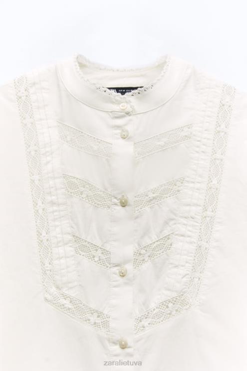 moterys Zara nėriniuotų poplino marškinėliai ekru apranga 4N488405