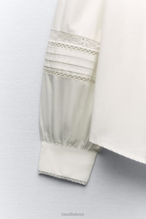 moterys Zara nėriniuotų poplino marškinėliai ekru apranga 4N488405