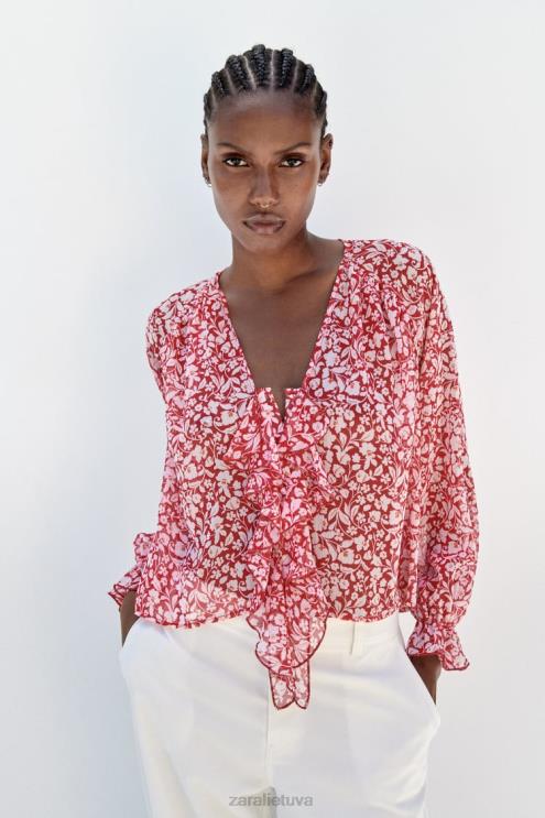 moterys Zara palaidinė su raukiniais raštais balta/raudona apranga 4N488399