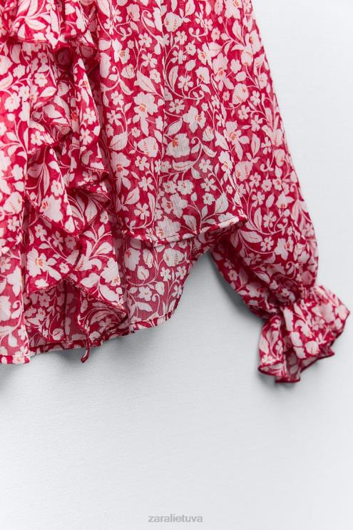 moterys Zara palaidinė su raukiniais raštais balta/raudona apranga 4N488399