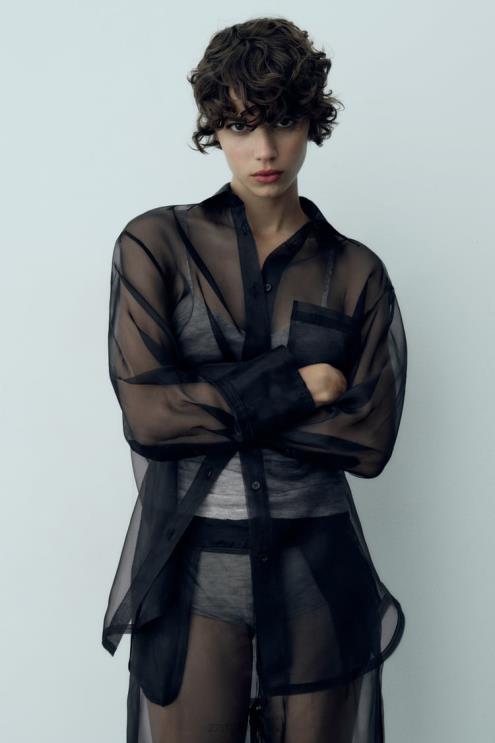 moterys Zara per dideli organzos marškiniai juodas apranga 4N488329