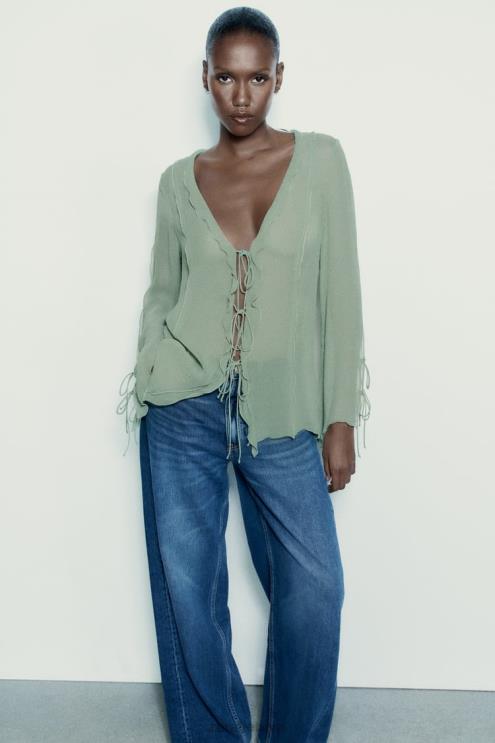 moterys Zara pusiau permatoma palaidinė su raukiniais jūros žalia apranga 4N488376