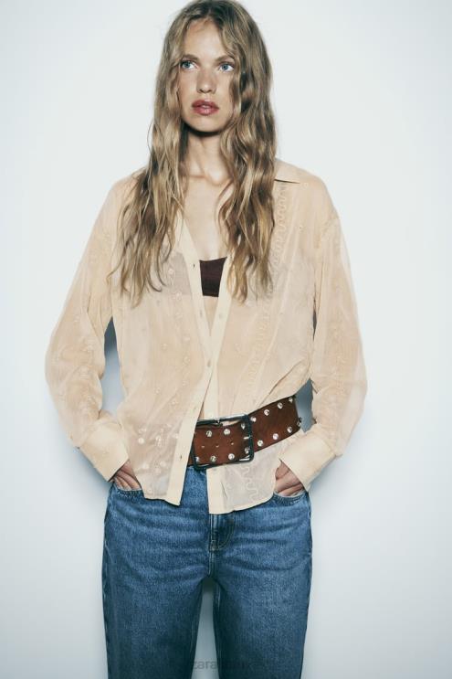 moterys Zara pusiau permatomi siuvinėti marškiniai smėlio spalvos apranga 4N488294