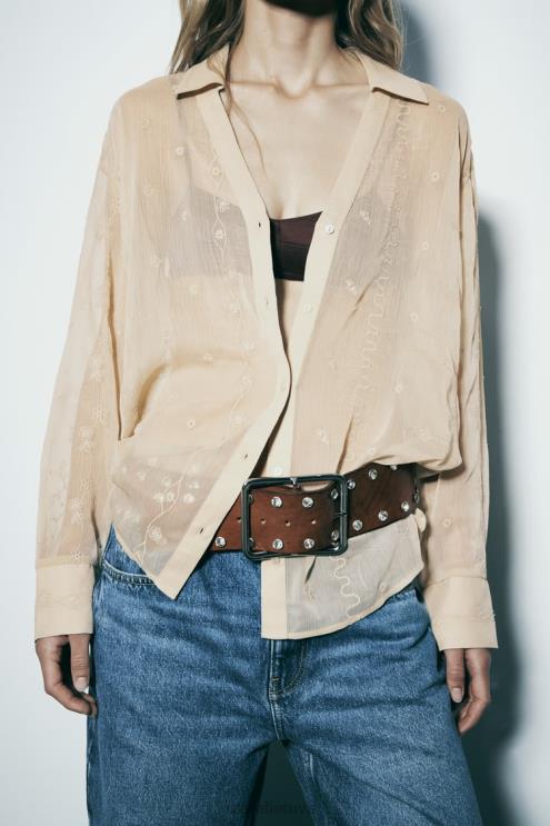 moterys Zara pusiau permatomi siuvinėti marškiniai smėlio spalvos apranga 4N488294