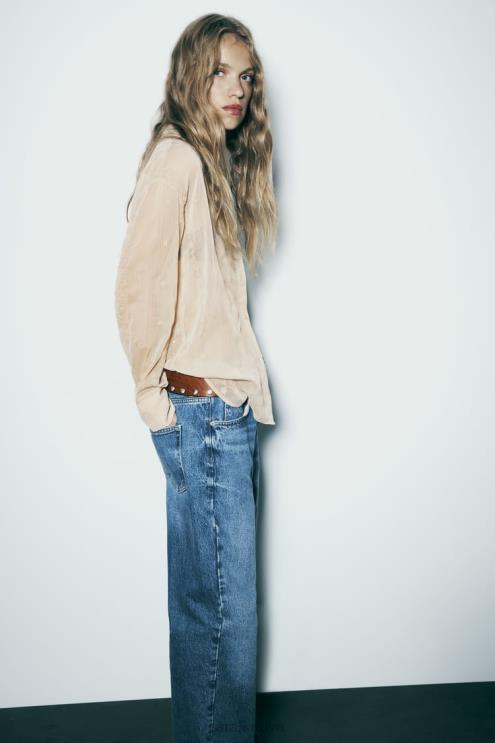 moterys Zara pusiau permatomi siuvinėti marškiniai smėlio spalvos apranga 4N488294