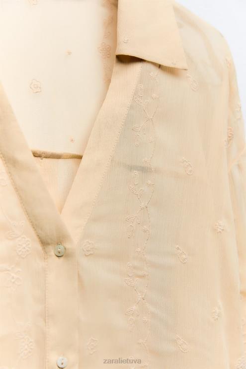 moterys Zara pusiau permatomi siuvinėti marškiniai smėlio spalvos apranga 4N488294