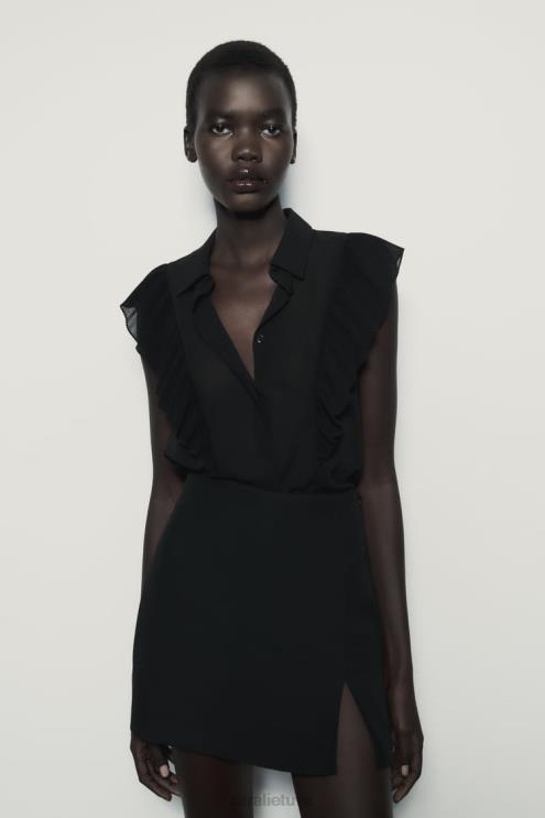 moterys Zara raukšlėtas pusiau permatomas viršus juodas apranga 4N488413