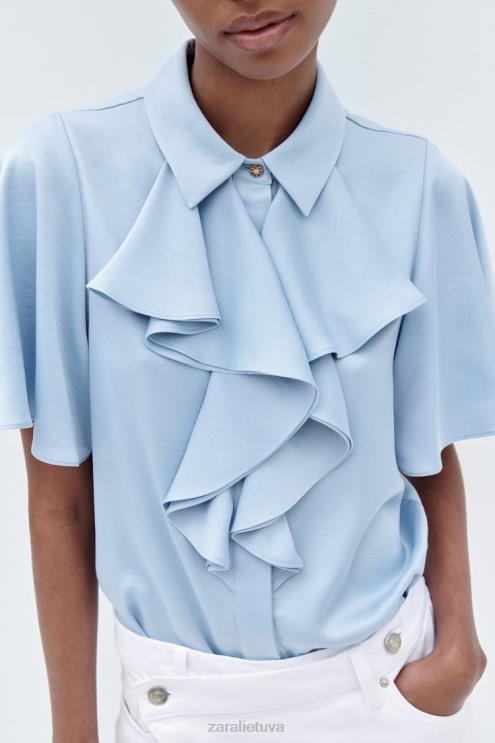 moterys Zara raukiniai satino efekto marškiniai šviesiai mėlynas apranga 4N488358