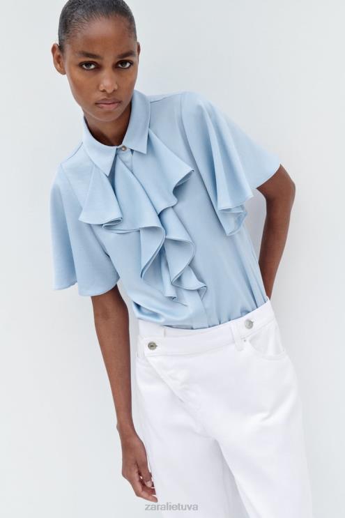 moterys Zara raukiniai satino efekto marškiniai šviesiai mėlynas apranga 4N488358