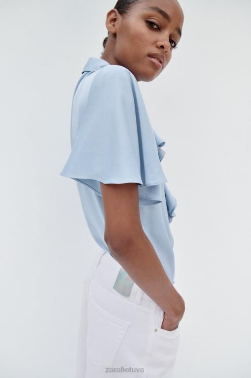 moterys Zara raukiniai satino efekto marškiniai šviesiai mėlynas apranga 4N488358