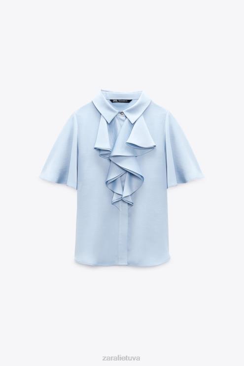 moterys Zara raukiniai satino efekto marškiniai šviesiai mėlynas apranga 4N488358