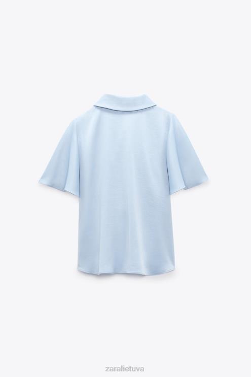 moterys Zara raukiniai satino efekto marškiniai šviesiai mėlynas apranga 4N488358