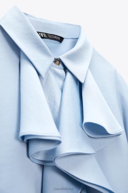 moterys Zara raukiniai satino efekto marškiniai šviesiai mėlynas apranga 4N488358