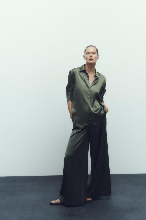 moterys Zara satino efekto marškinėliai tamsiai žalia apranga 4N488334