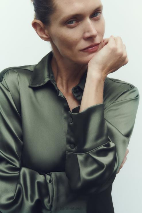 moterys Zara satino efekto marškinėliai tamsiai žalia apranga 4N488334