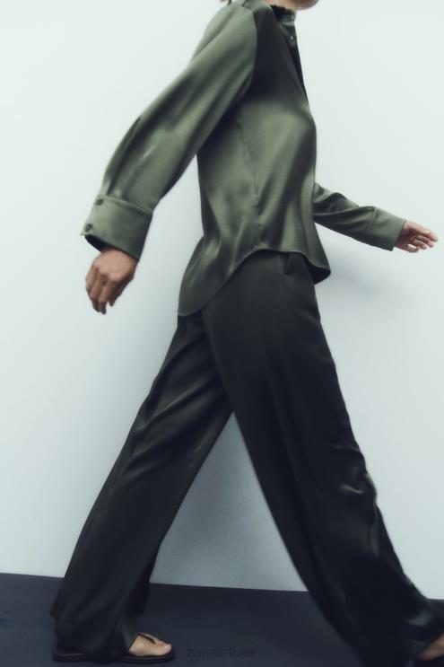 moterys Zara satino efekto marškinėliai tamsiai žalia apranga 4N488334