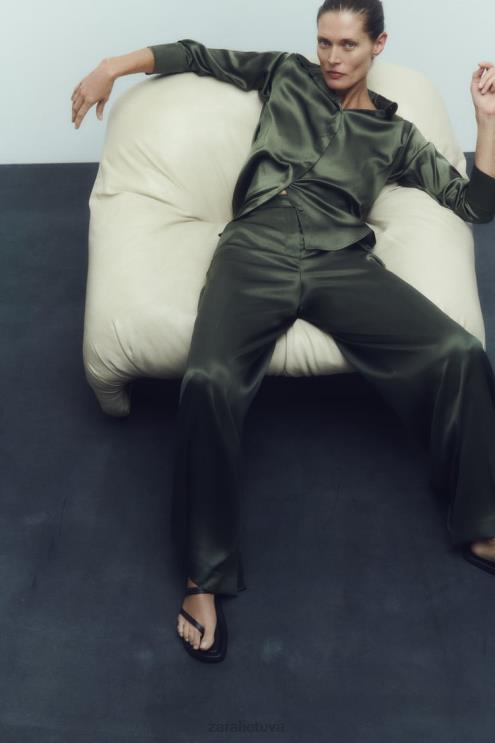 moterys Zara satino efekto marškinėliai tamsiai žalia apranga 4N488334