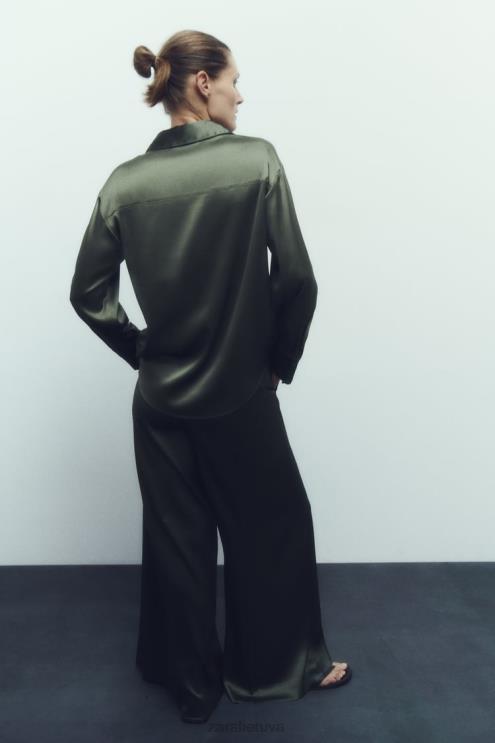 moterys Zara satino efekto marškinėliai tamsiai žalia apranga 4N488334