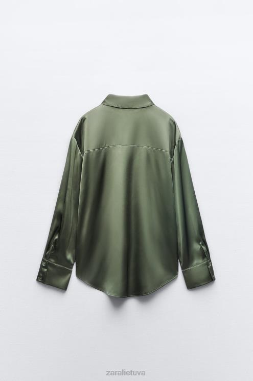 moterys Zara satino efekto marškinėliai tamsiai žalia apranga 4N488334