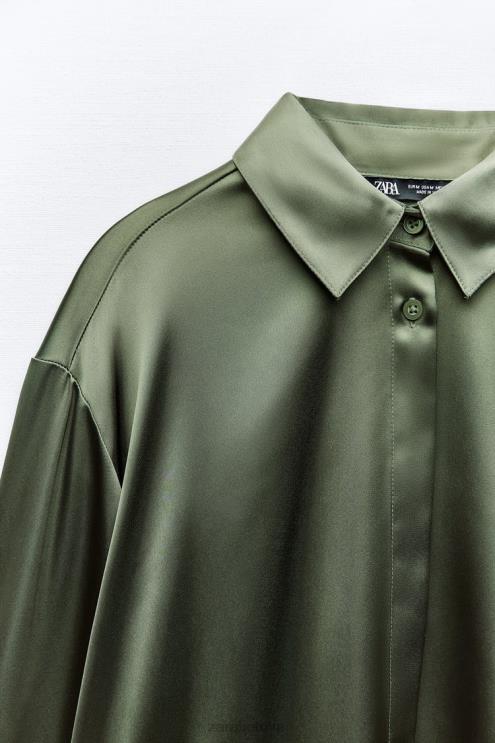 moterys Zara satino efekto marškinėliai tamsiai žalia apranga 4N488334