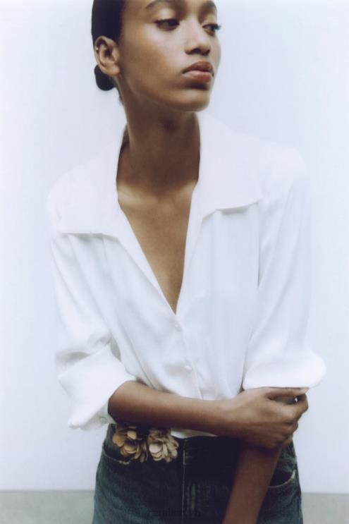 moterys Zara satino efekto trumpinti marškiniai baltas apranga 4N488356