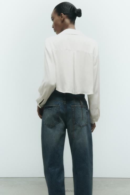 moterys Zara satino efekto trumpinti marškiniai baltas apranga 4N488356