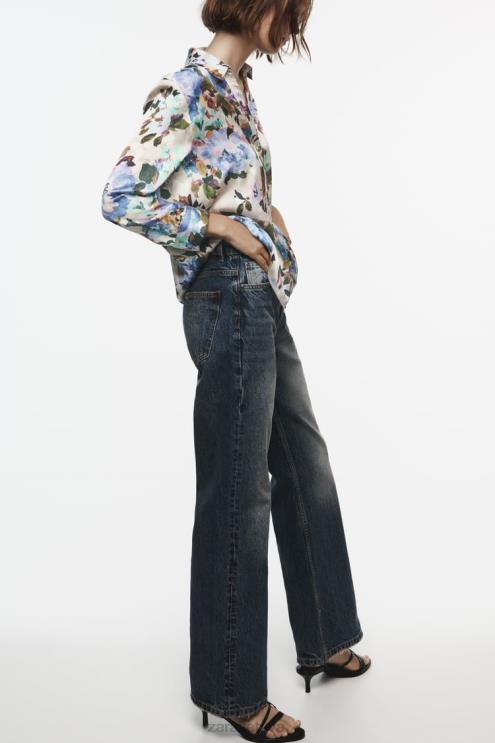 moterys Zara satino marškinėliai su gėlių raštu ekru/žalia apranga 4N488372