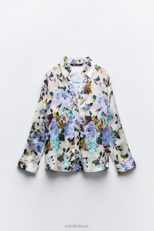 moterys Zara satino marškinėliai su gėlių raštu ekru/žalia apranga 4N488372