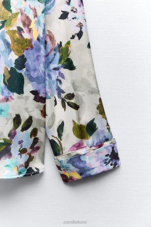 moterys Zara satino marškinėliai su gėlių raštu ekru/žalia apranga 4N488372