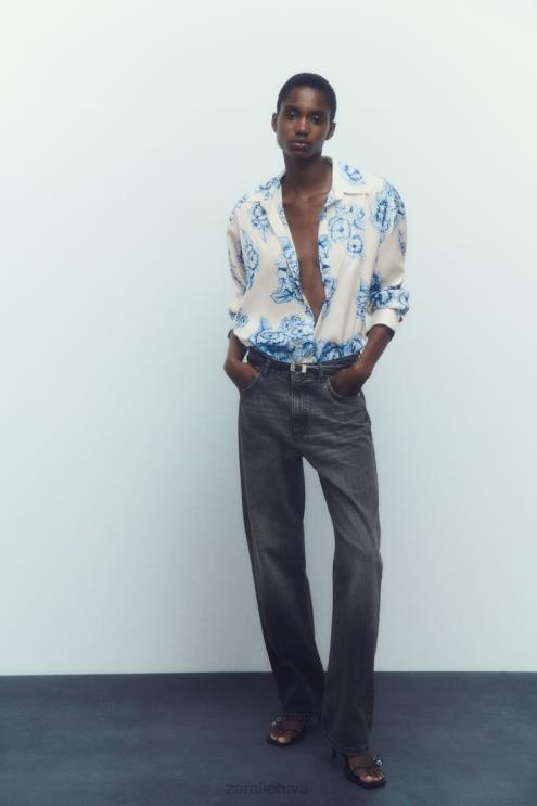 moterys Zara satino marškinėliai su gėlių raštu mėlyna/balta apranga 4N488336