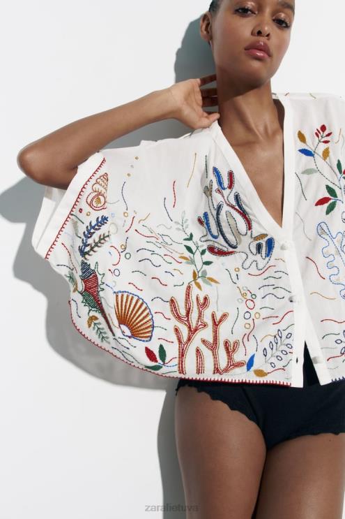 moterys Zara siuvinėta medvilninė palaidinė austrių baltumo apranga 4N488400