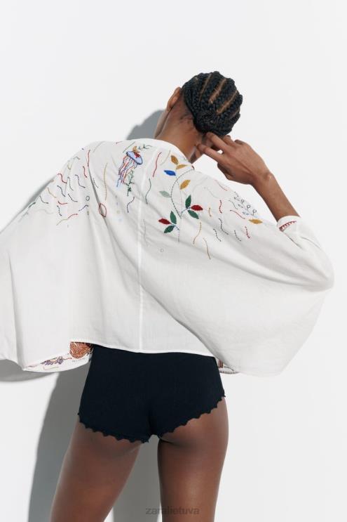 moterys Zara siuvinėta medvilninė palaidinė austrių baltumo apranga 4N488400