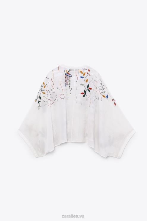 moterys Zara siuvinėta medvilninė palaidinė austrių baltumo apranga 4N488400