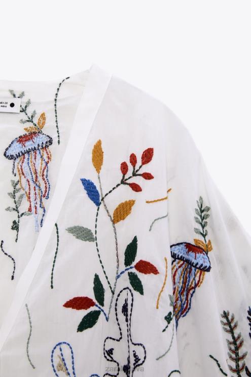 moterys Zara siuvinėta medvilninė palaidinė austrių baltumo apranga 4N488400