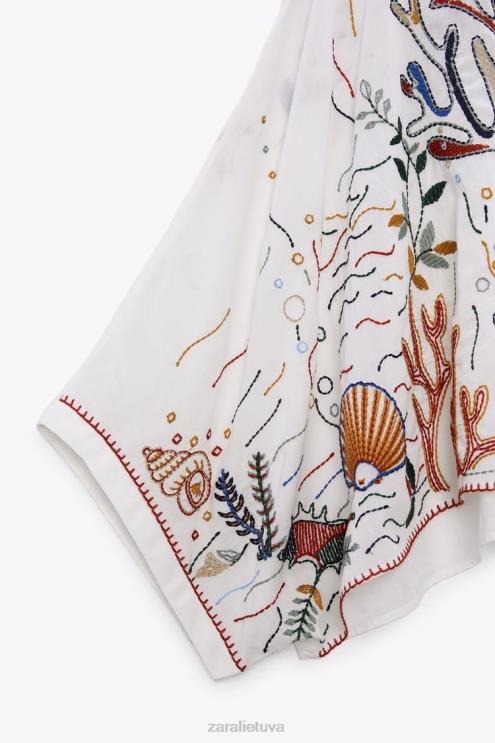 moterys Zara siuvinėta medvilninė palaidinė austrių baltumo apranga 4N488400