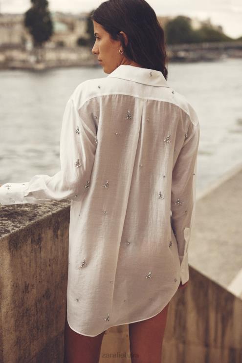 moterys Zara siuvinėti juvelyriniai marškiniai austrių baltumo apranga 4N488307