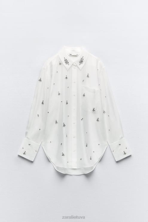 moterys Zara siuvinėti juvelyriniai marškiniai austrių baltumo apranga 4N488307