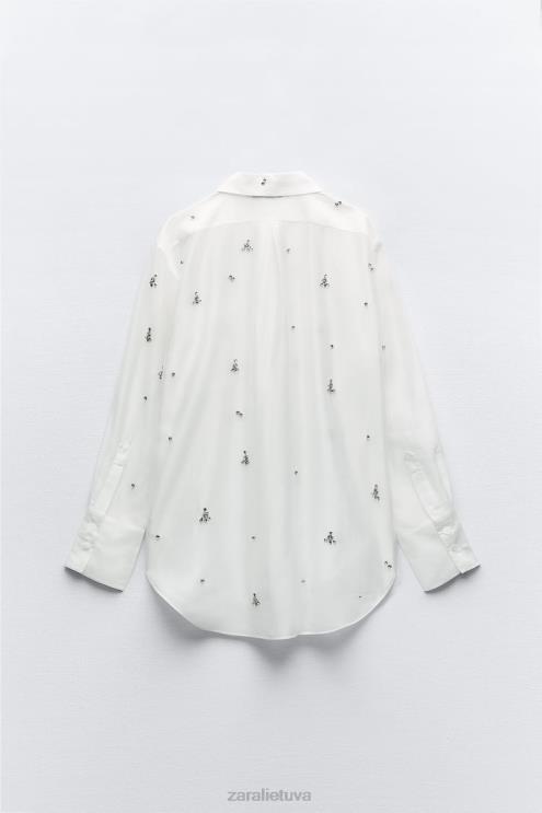 moterys Zara siuvinėti juvelyriniai marškiniai austrių baltumo apranga 4N488307