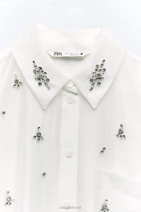 moterys Zara siuvinėti juvelyriniai marškiniai austrių baltumo apranga 4N488307