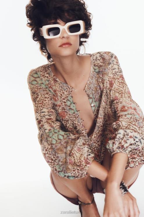 moterys Zara smocked marginta palaidinė įvairiaspalvis apranga 4N488342