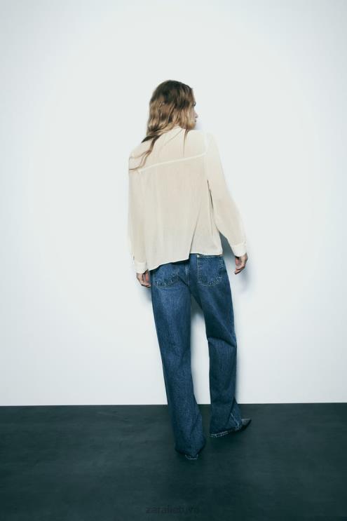 moterys Zara susiraukšlėję kaklo marškinėliai ekru apranga 4N488293