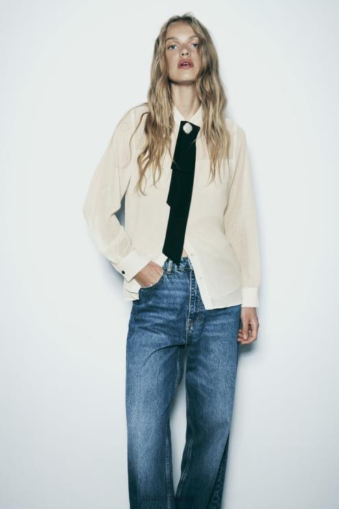 moterys Zara susiraukšlėję kaklo marškinėliai ekru apranga 4N488293